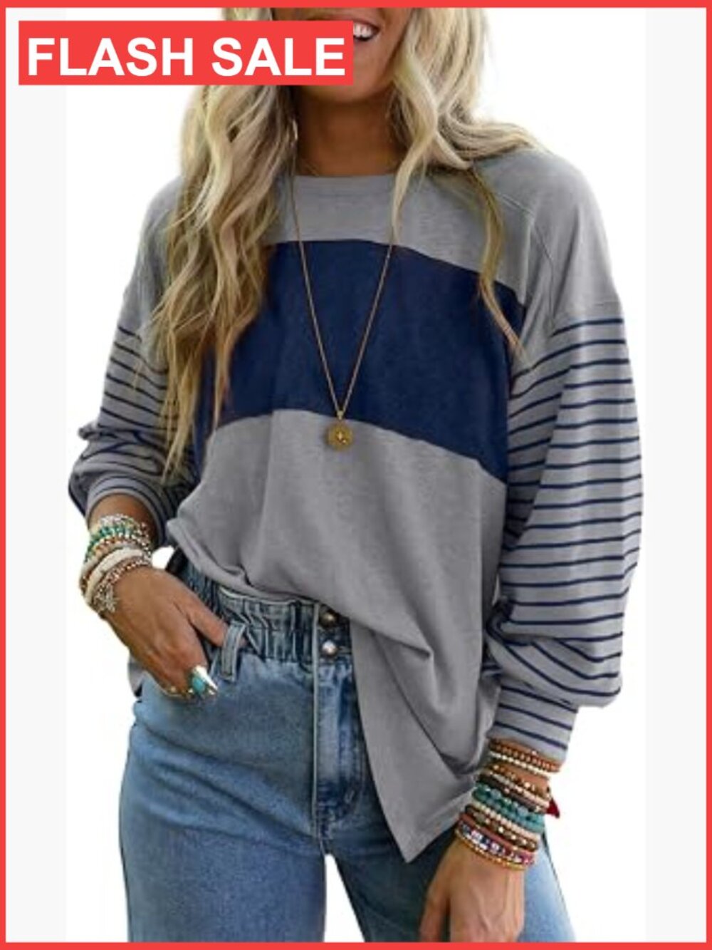 Color Block Long Sleeve Tunic Blouse Oversized Cute